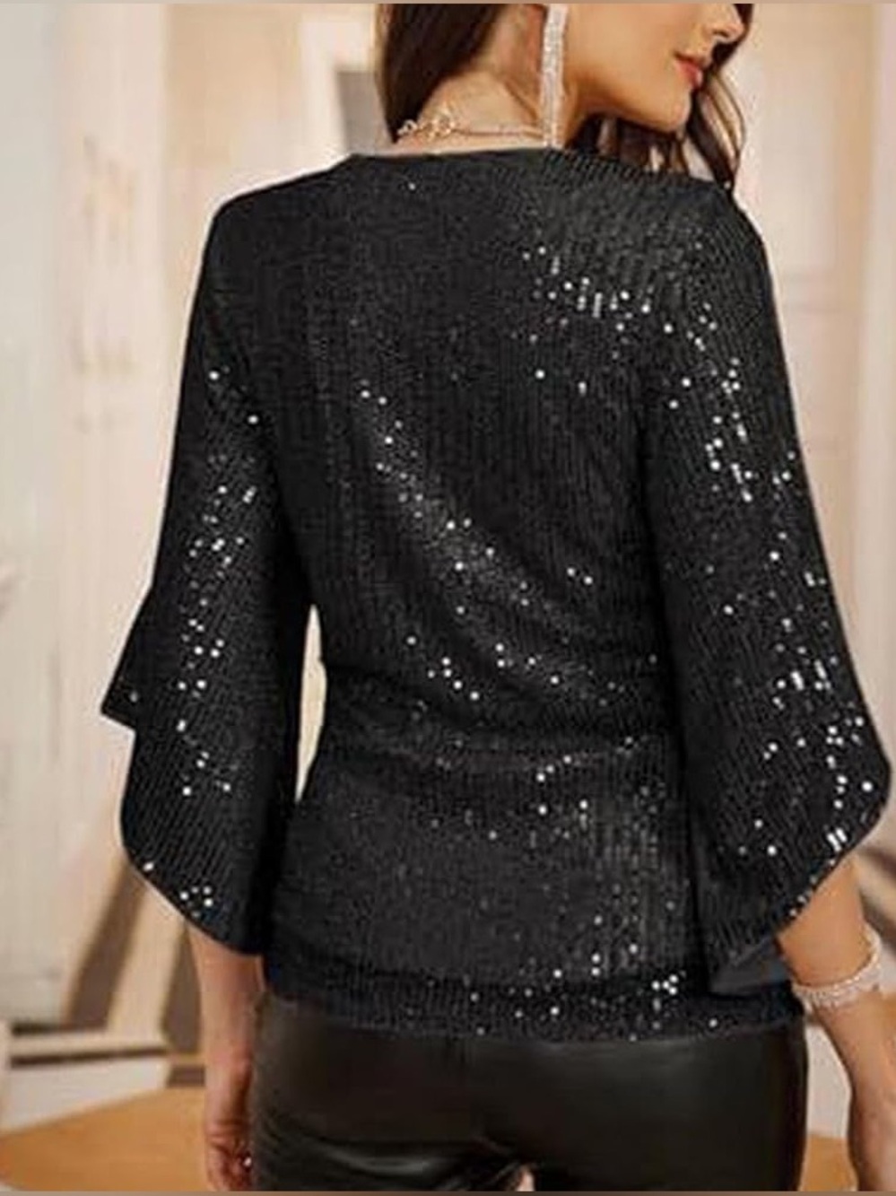 Notations Women's 3/4 Sleeve Black Ruffle Front Sparkle Top Size XL